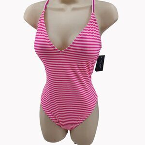 Kate Spade Womens L Ringmaster Swimsuit Pink White Stripe V Neck One Piece New